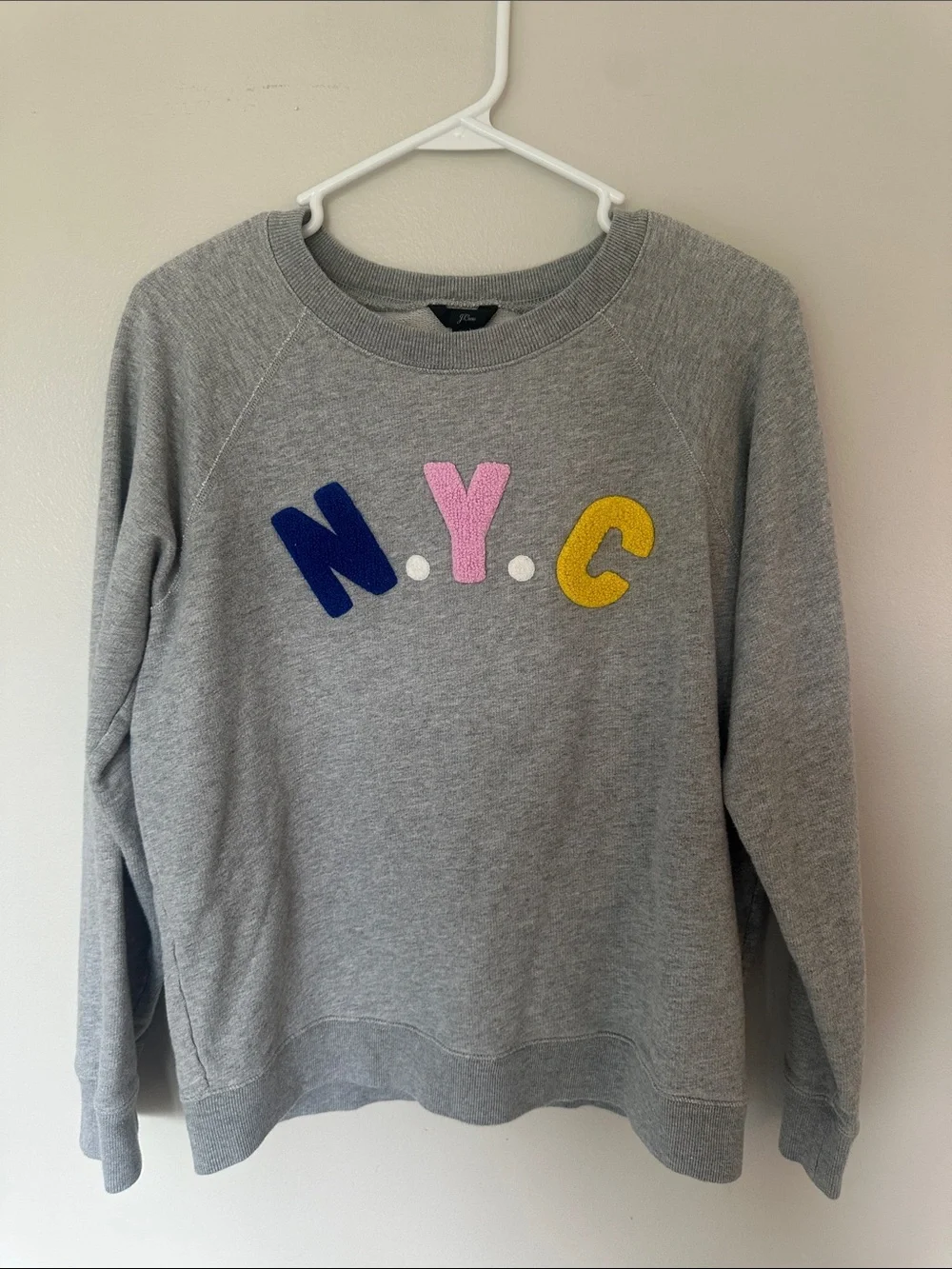 J. Crew Gray Crewneck Sweatshirt with Blue, Pink & Yellow N.Y.C. Appliqué